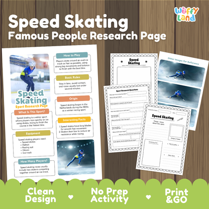 A product listing graphic for a 'Speed Skating Famous People Research Page' activity sheet set by Wiffy Land. The graphic shows three printable pages laid out on a dark wood background: a colorful title page, a black-and-white rules page, and a black-and-white questions page.