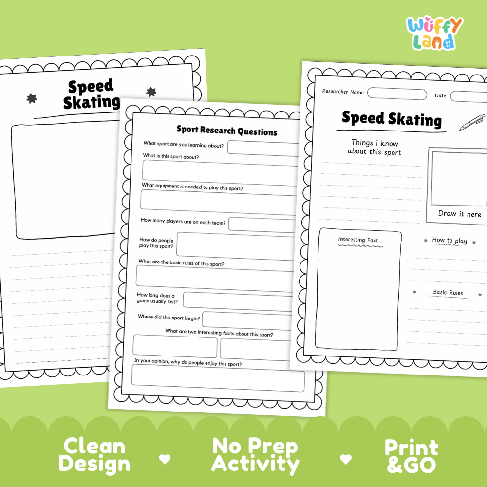 Three printable worksheet pages for speed skating activity are shown on a light green background. The pages are black and white with lined writing areas, boxes, and prompts such as 'Speed Skating' and 'Sport Research Questions.