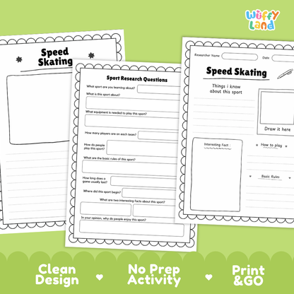 Three printable worksheet pages for speed skating activity are shown on a light green background. The pages are black and white with lined writing areas, boxes, and prompts such as 'Speed Skating' and 'Sport Research Questions.