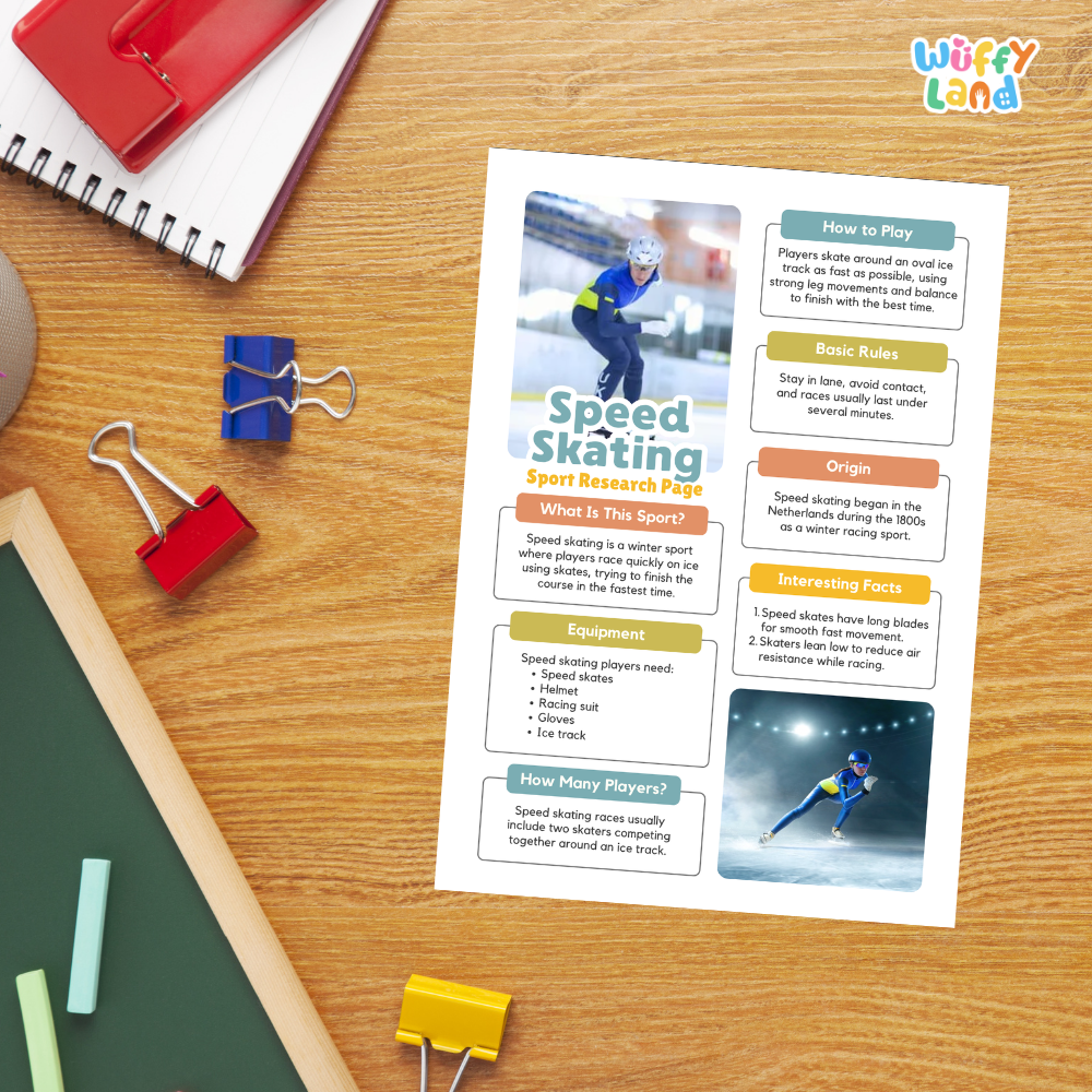 A printed educational poster about speed skating titled 'Speed Skating Sport Research Page' is laid on a desk with binder clips, a notebook, and a chalkboard visible around it. The poster contains text sections, rules, tips, and skater photos.