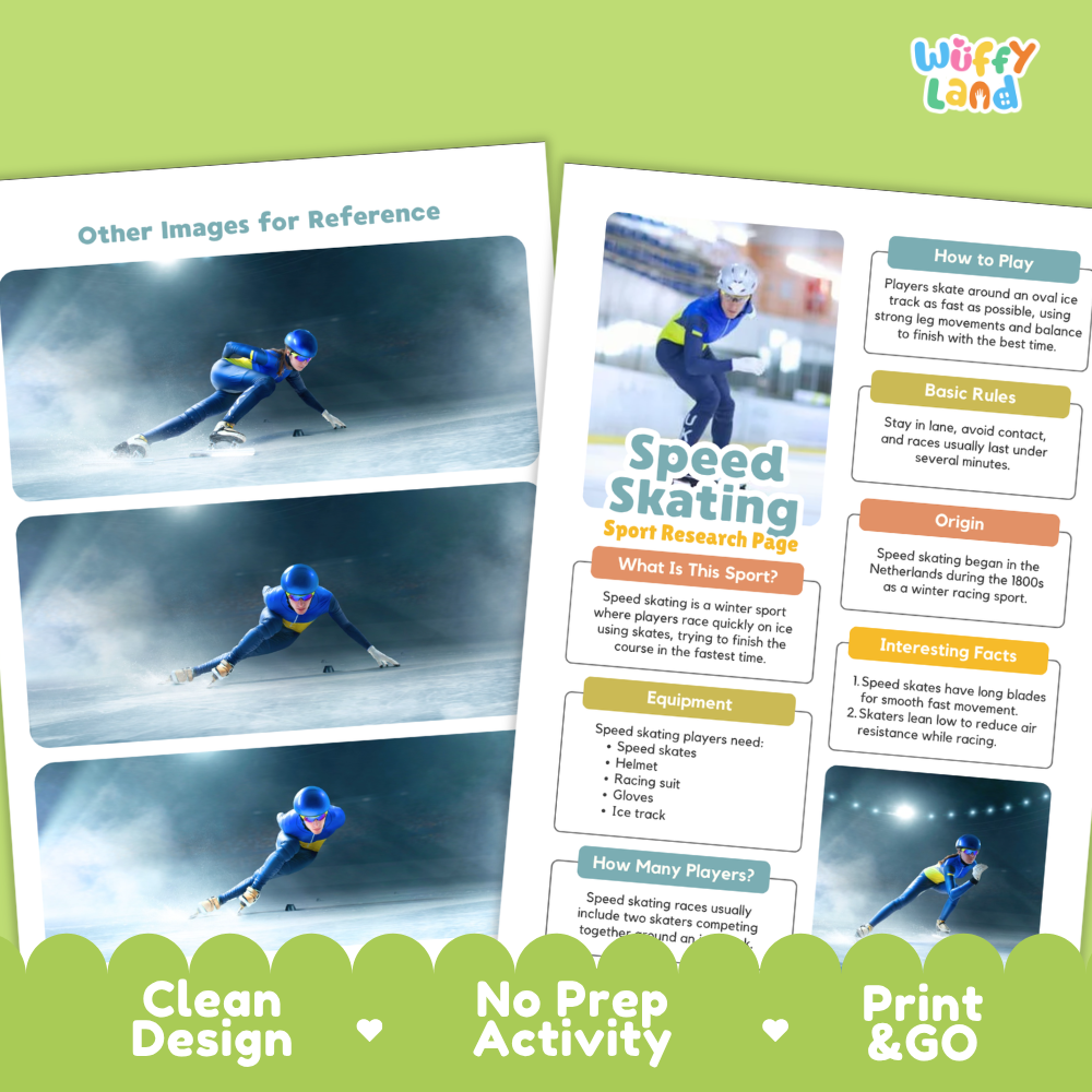 Two printed educational poster sheets about speed skating displayed on a light green background. The sheets include photos of skaters, text sections such as 'How to Play,' 'Basic Rules,' 'Origin,' and 'Interesting Facts,' and the brand name 'Wiffy Land' appears at the top.