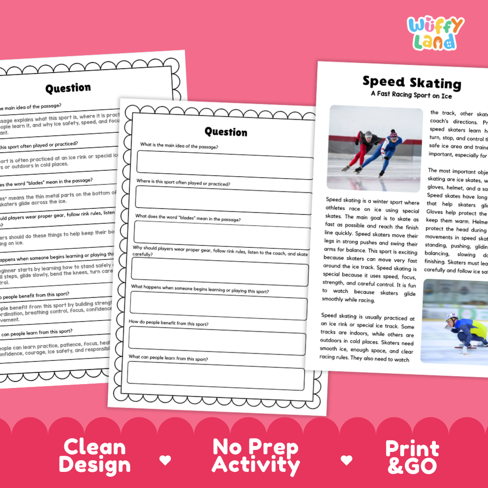 Three printable worksheet pages for a winter sports activity, featuring 'Speed Skating' and general question prompts, displayed on a white background with a pink banner at the bottom reading 'Clean Design', 'No Prep Activity', and 'Print & GO'. The brand 'Wiffly Land' is visible in the top right corner.