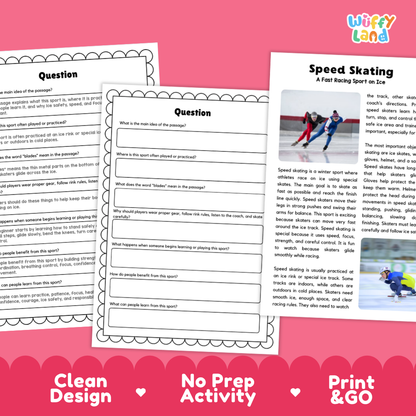 Three printable worksheet pages for a winter sports activity, featuring 'Speed Skating' and general question prompts, displayed on a white background with a pink banner at the bottom reading 'Clean Design', 'No Prep Activity', and 'Print & GO'. The brand 'Wiffly Land' is visible in the top right corner.