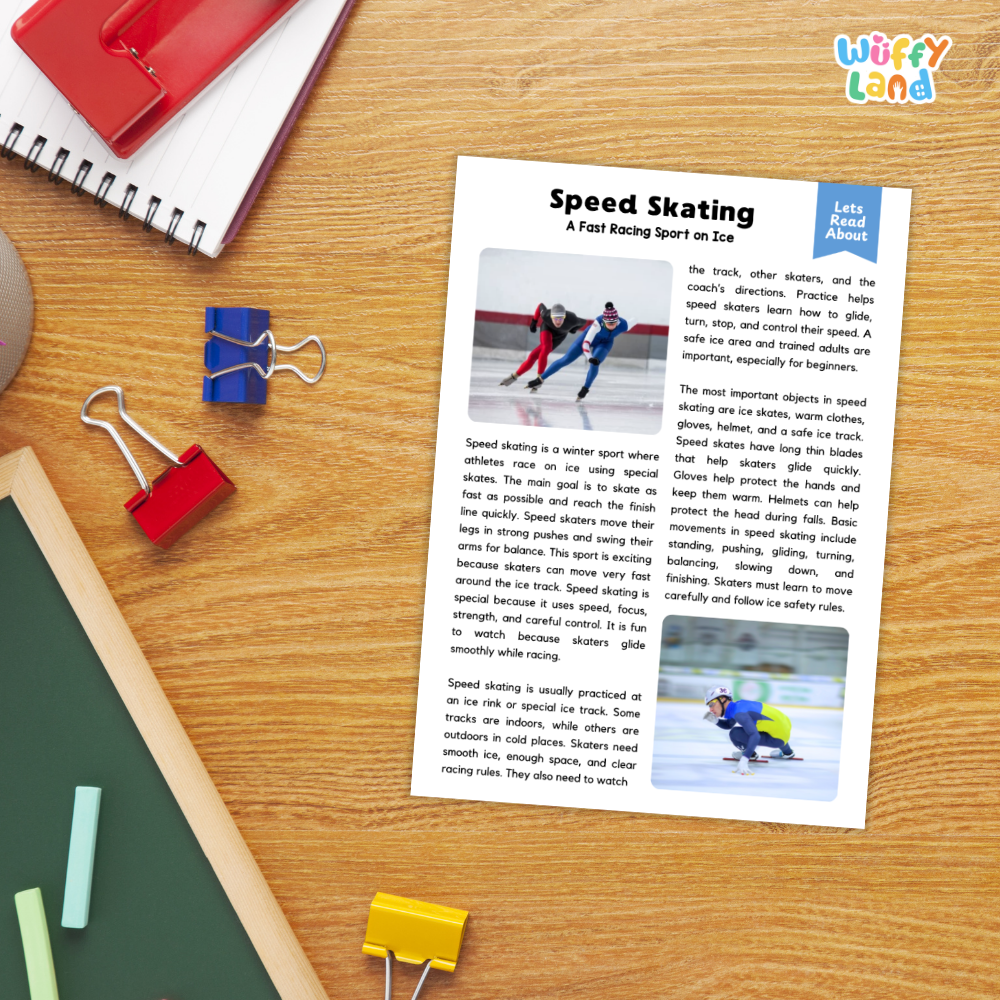 A printed educational poster titled 'Speed Skating: A Fast Racing Sport on Ice' lies on a wooden desk. The poster features text, two small action photos of skaters, and a blue 'Let's Talk About It' logo.