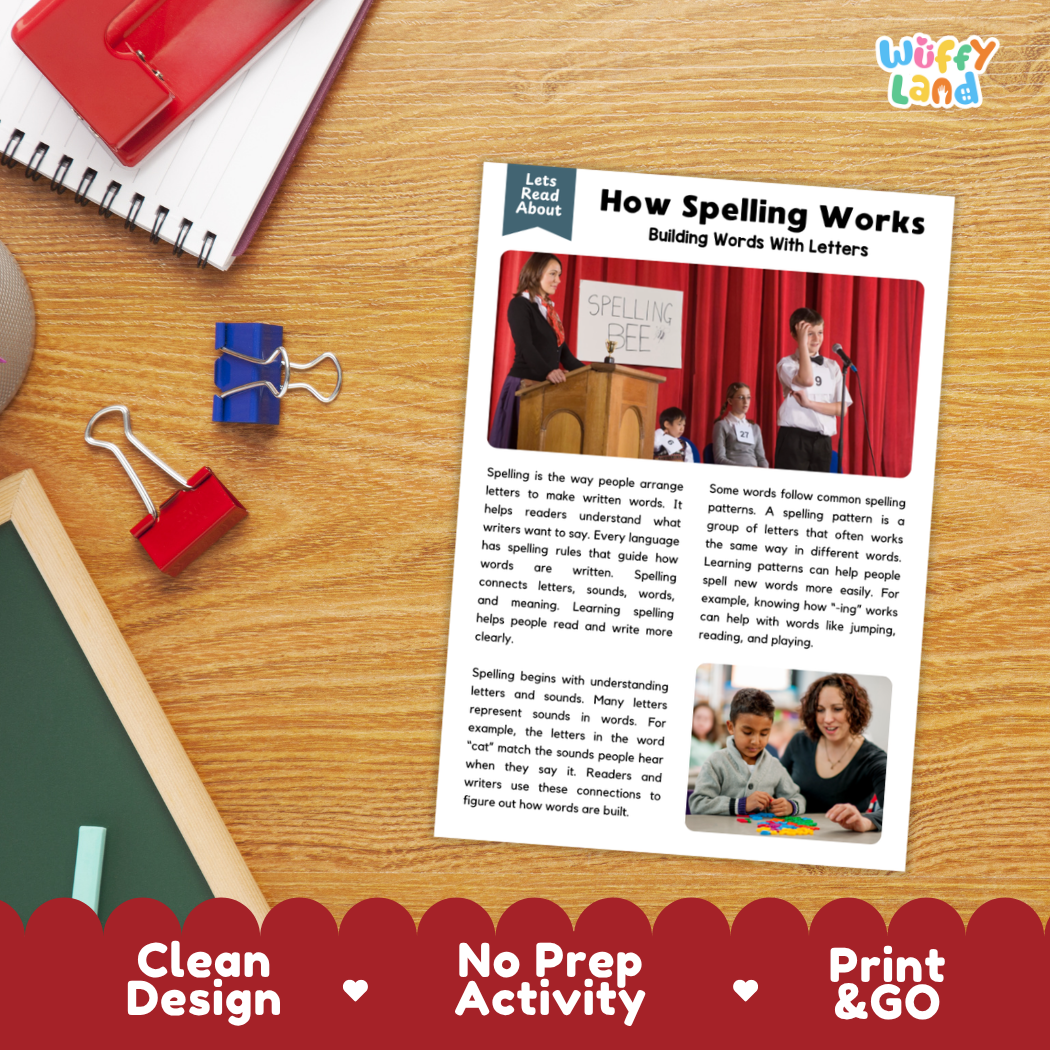 Printable student worksheet with short-answer reading comprehension questions covering spelling and literacy