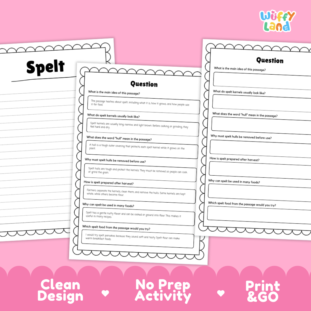 Three printable worksheet pages for a spelling activity, shown on a pink background with decorative text reading 'Spelt,' 'Question,' and 'Clean Design No Prep Activity Print & Go.' The sheets have black text and lined writing areas with decorative scalloped borders.