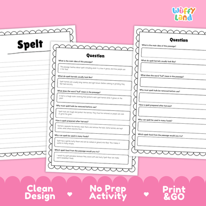 Three printable worksheet pages for a spelling activity, shown on a pink background with decorative text reading 'Spelt,' 'Question,' and 'Clean Design No Prep Activity Print & Go.' The sheets have black text and lined writing areas with decorative scalloped borders.