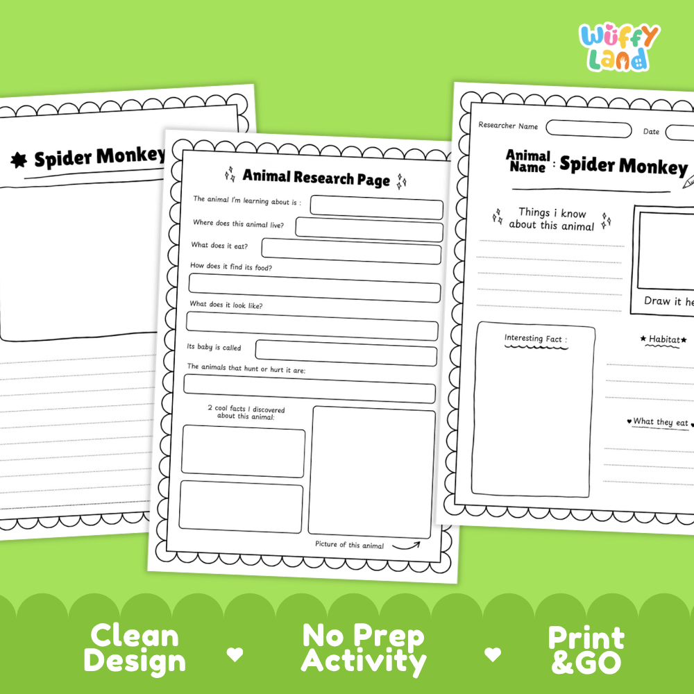 Spider Monkey Animal Research Worksheets and Informational Fact Sheets