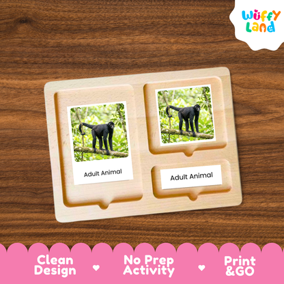 A wooden Montessori-style activity board with two labeled slots reading 'Adult Animal,' each containing a small photo of an adult animal in a forest. The board is shown on a brown wood surface, with a 'Wuffy Land' logo in the top right and a pink banner at the bottom with marketing text.