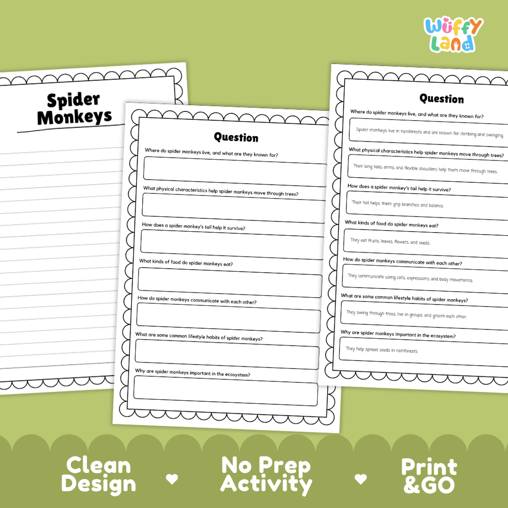 Spider Monkey Reading Passage and Comprehension Questions Worksheets with Answer Key