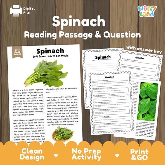 Spinach reading comprehension passage and questions printable activity pack with answer key for elementary students