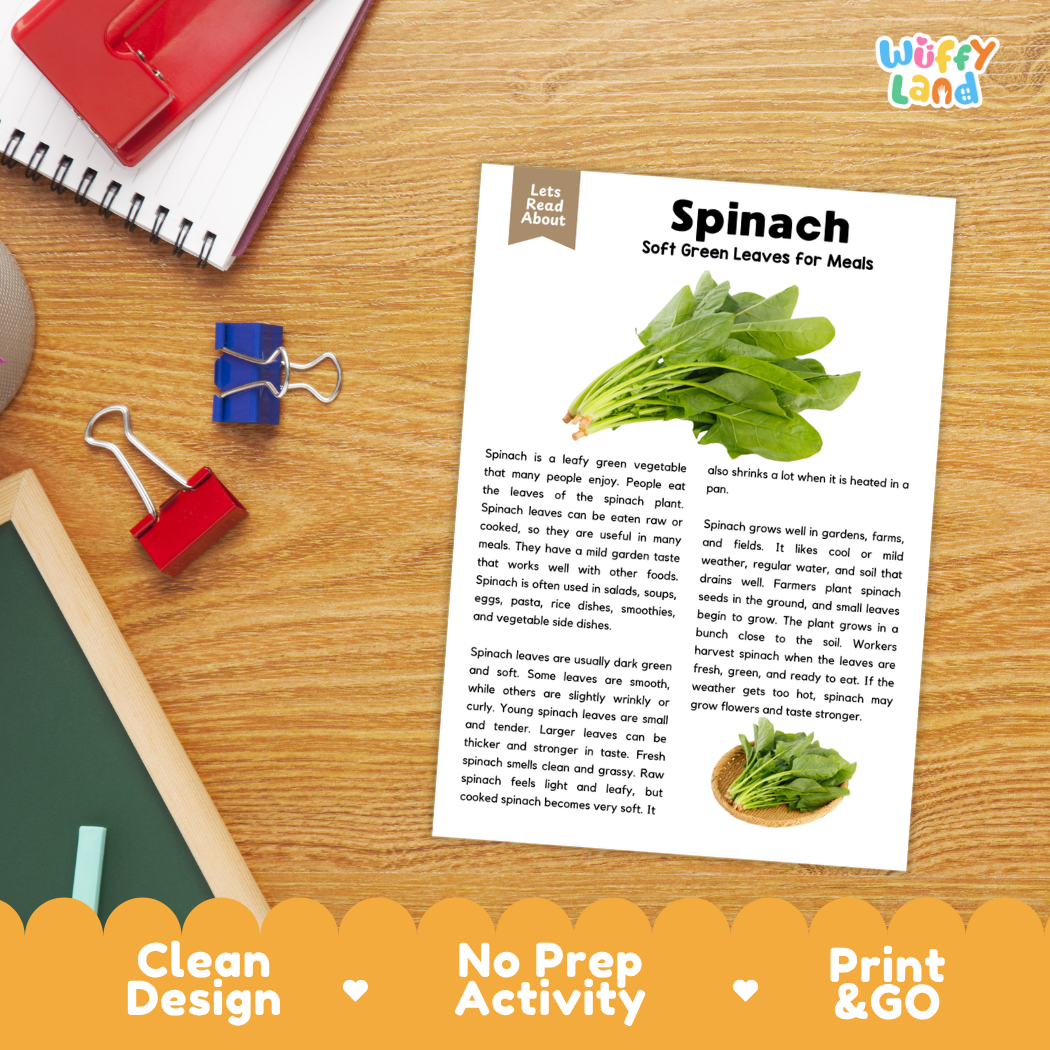 Student reading comprehension worksheet with short-answer questions and lined sections about spinach vegetables