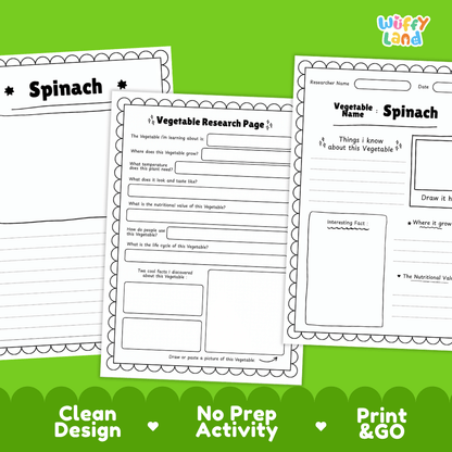 Spinach Vegetable Research Page Worksheets