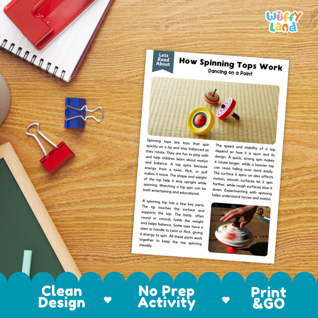 Printable student worksheet with short-answer reading comprehension questions covering spinning tops and physics