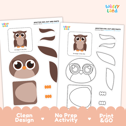 Spotted Owl Cut and Paste Craft and Coloring Activity Worksheets