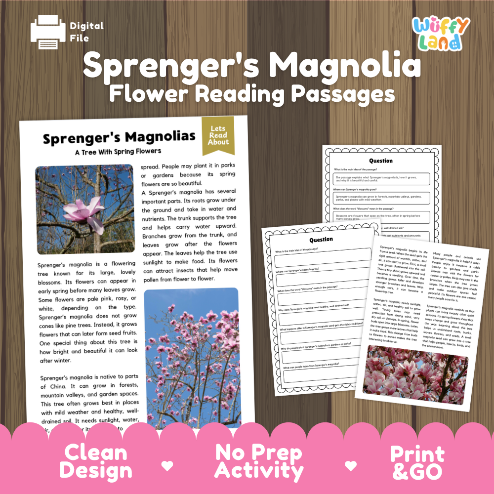 Sprenger's Magnolia Flower Reading Passages Worksheets and Comprehension Activity