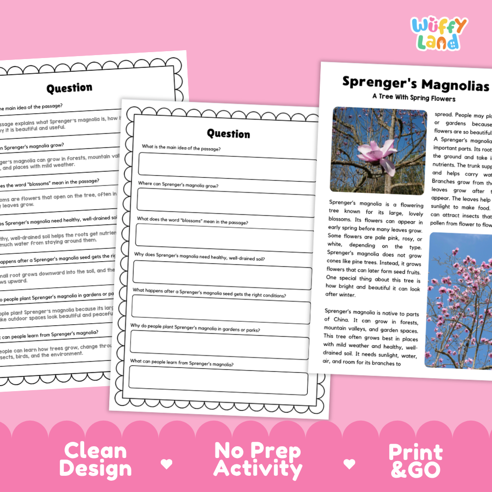 Sprenger's Magnolia Flower Reading Passages Worksheets and Comprehension Activity
