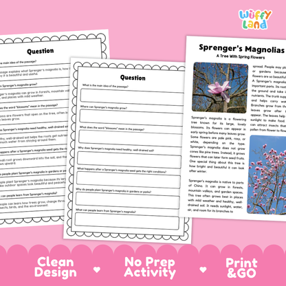 Sprenger's Magnolia Flower Reading Passages Worksheets and Comprehension Activity