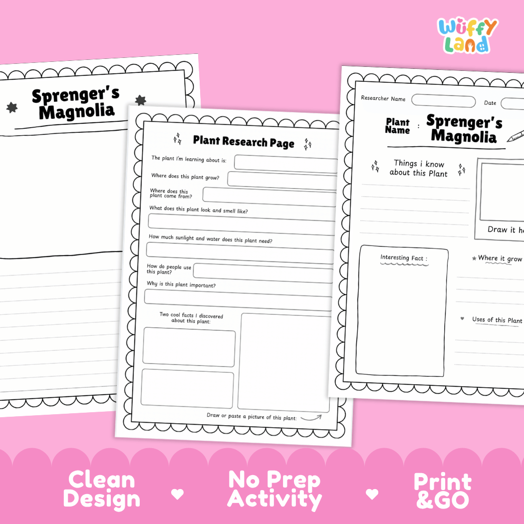Sprenger's Magnolia Plant Research Page Worksheets and Fact Sheet