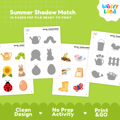 Full color spring object cards featuring watering cans, caterpillars, sunflowers, and bunnies