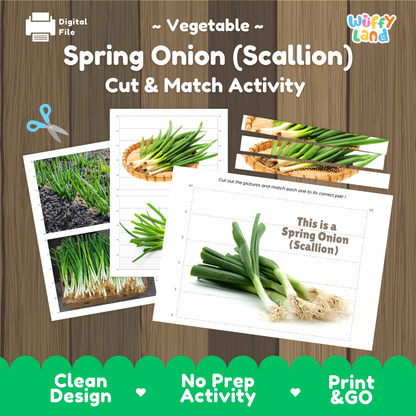 Spring onion scallion cut and match activity cover showing printable fine motor puzzle sheets and vegetable photographs