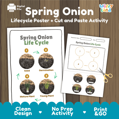 Spring onion life cycle educational printable pack cover showing visual reference poster and cut and paste sequencing worksheet with real photos