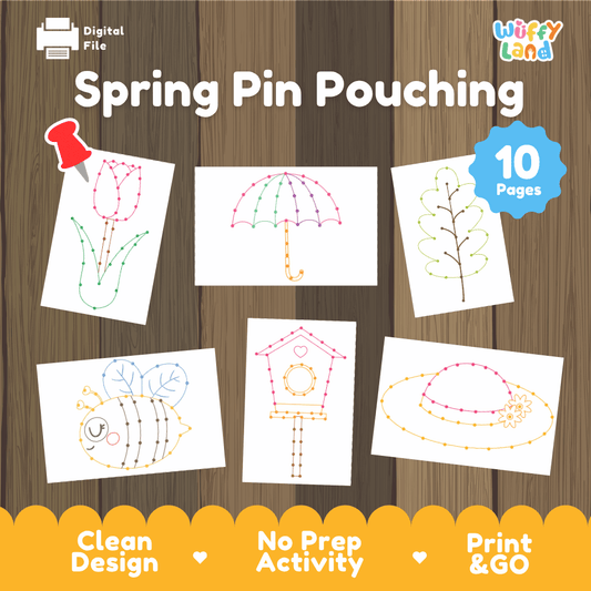 Spring pin punching printable fine motor activity pack overview from Wuffy Land featuring 10 pages of seasonal pin poking cards 🌷📌