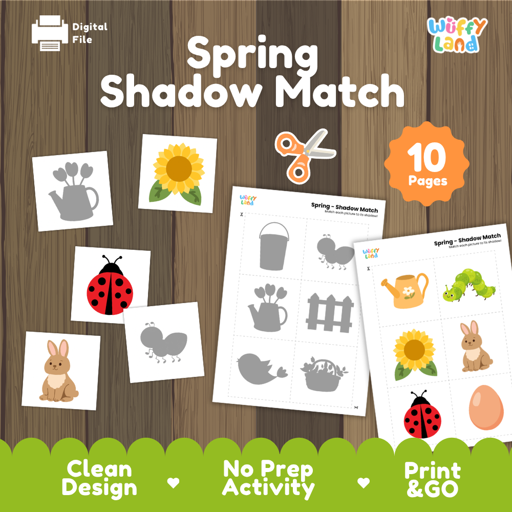Spring shadow match activity cover showing 10-page printable pack with sunflower, ladybug, bunny, and shadow matching worksheets