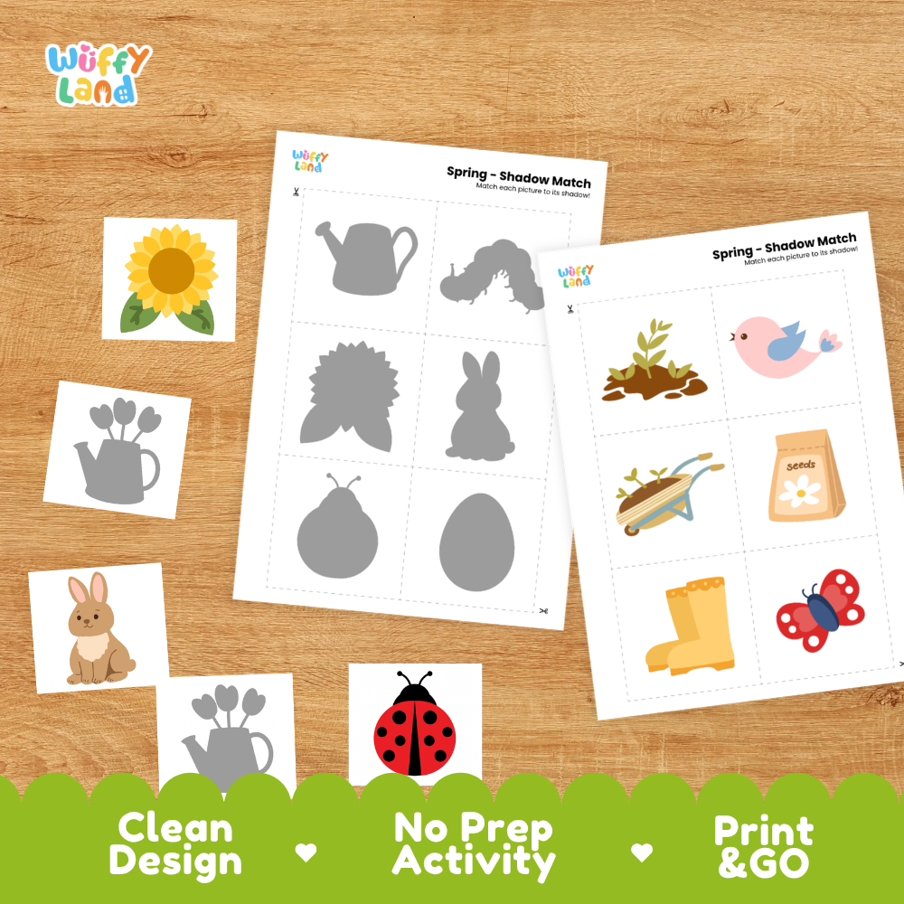 Printable shadow matching grid sheet showing silhouettes of watering cans, garden fences, and birds