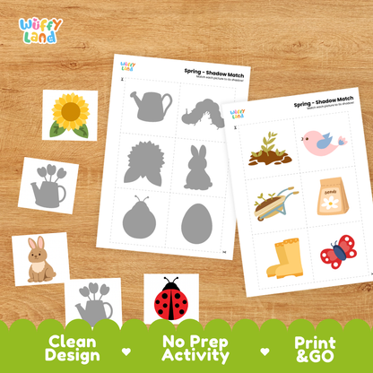 Printable shadow matching grid sheet showing silhouettes of watering cans, garden fences, and birds
