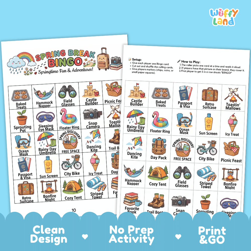 Spring Break BINGO Games Printable Springtime Activity Cards