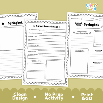 Springbok Animal Research Worksheets and Informational Fact Sheets