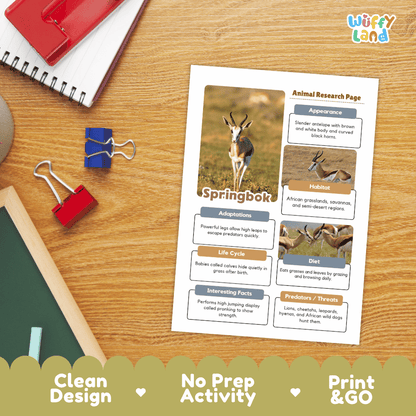 Springbok Animal Research Worksheets and Informational Fact Sheets