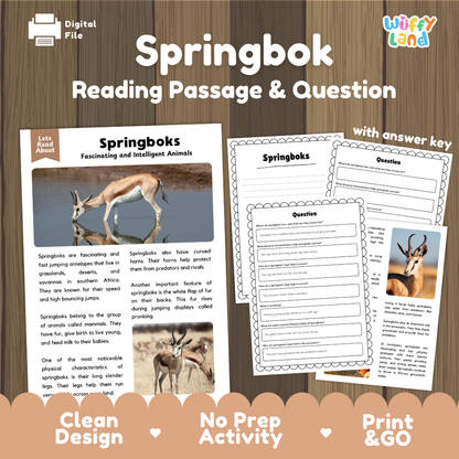 Springbok Reading Passage and Comprehension Questions Worksheets