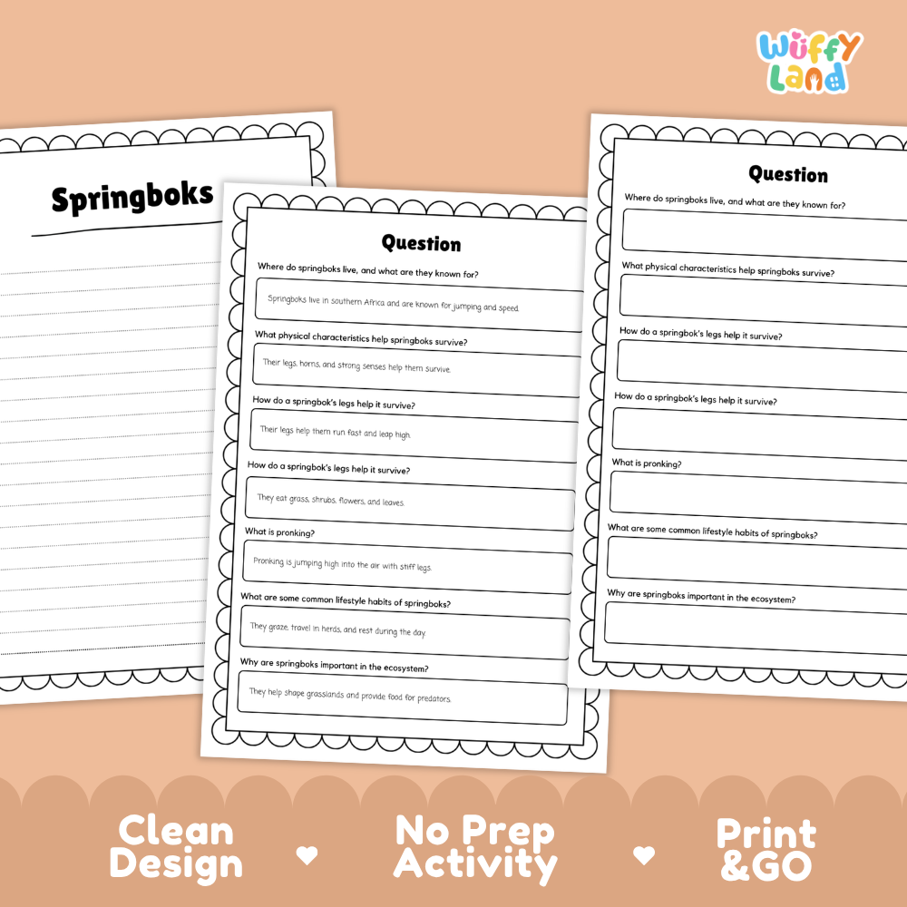 Springbok Reading Passage and Comprehension Questions Worksheets