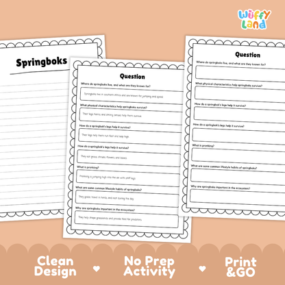 Springbok Reading Passage and Comprehension Questions Worksheets