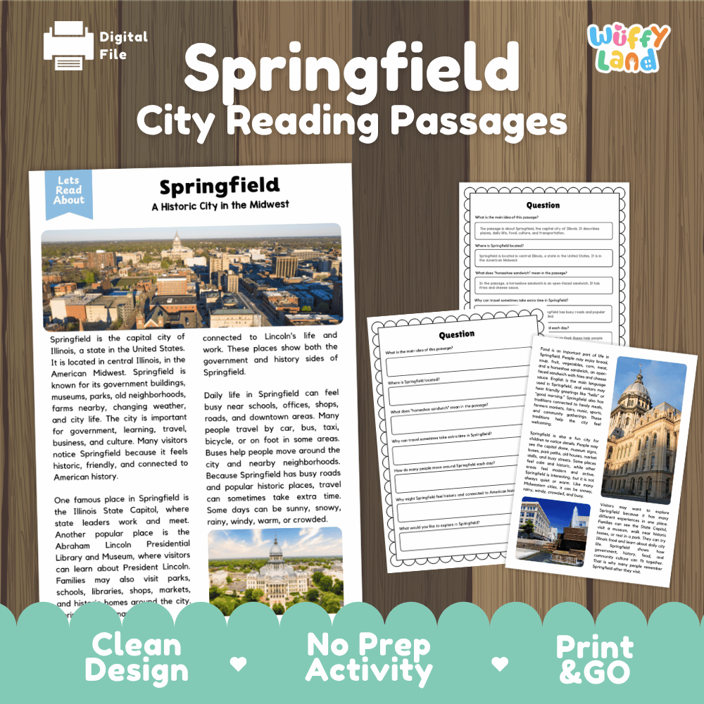 Springfield city reading passages and comprehension worksheet educational unit featuring nonfiction text and authentic Springfield Illinois capitol photography