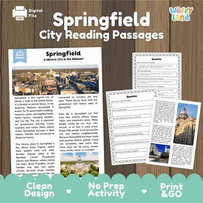 Springfield city reading passages and comprehension worksheet educational unit featuring nonfiction text and authentic Springfield Illinois capitol photography
