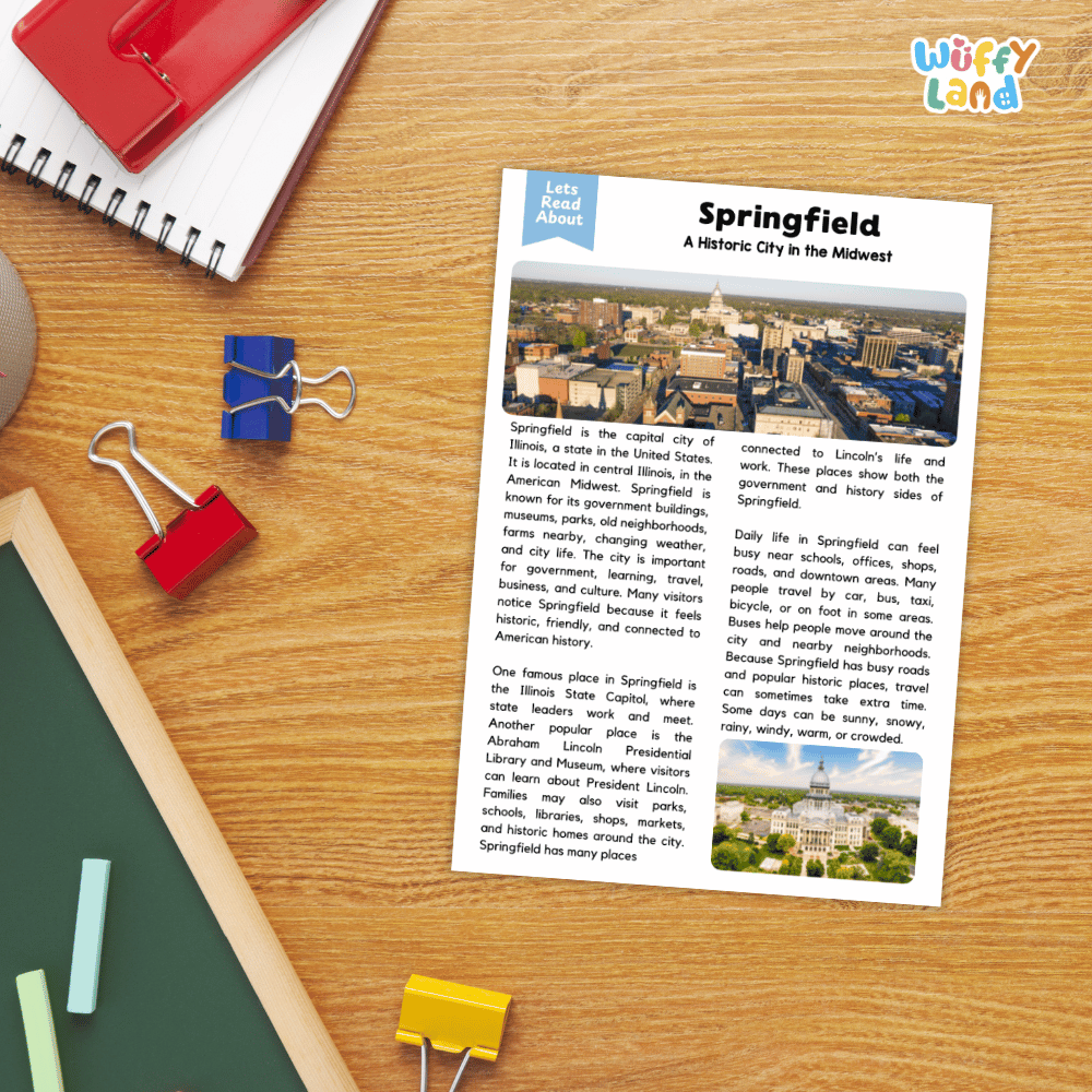 Lined reading comprehension question worksheet covering main ideas vocabulary terms and landmark facts about Springfield Illinois