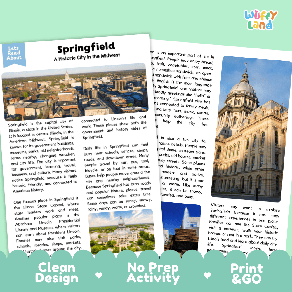 Reference sheet and answer key for Springfield landmark reading passage displaying completed comprehension answers and United States geography facts