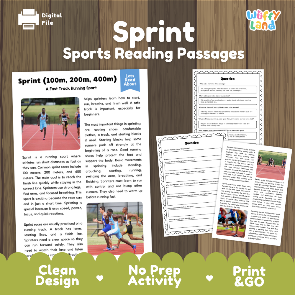 Digital preview of 'Sprint Sports Reading Passages' by Wiffly Land, showing sample reading pages, a digital file icon, and promotional text on a wood background with a green banner at the bottom.