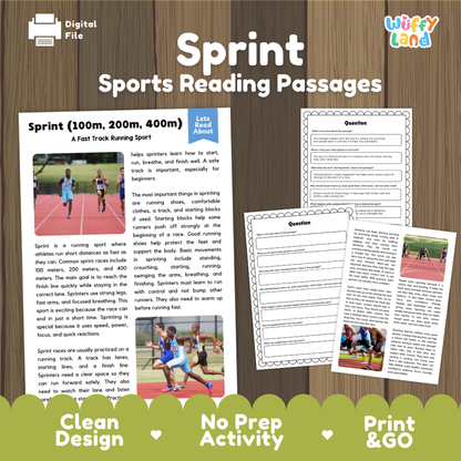 Digital preview of 'Sprint Sports Reading Passages' by Wiffly Land, showing sample reading pages, a digital file icon, and promotional text on a wood background with a green banner at the bottom.