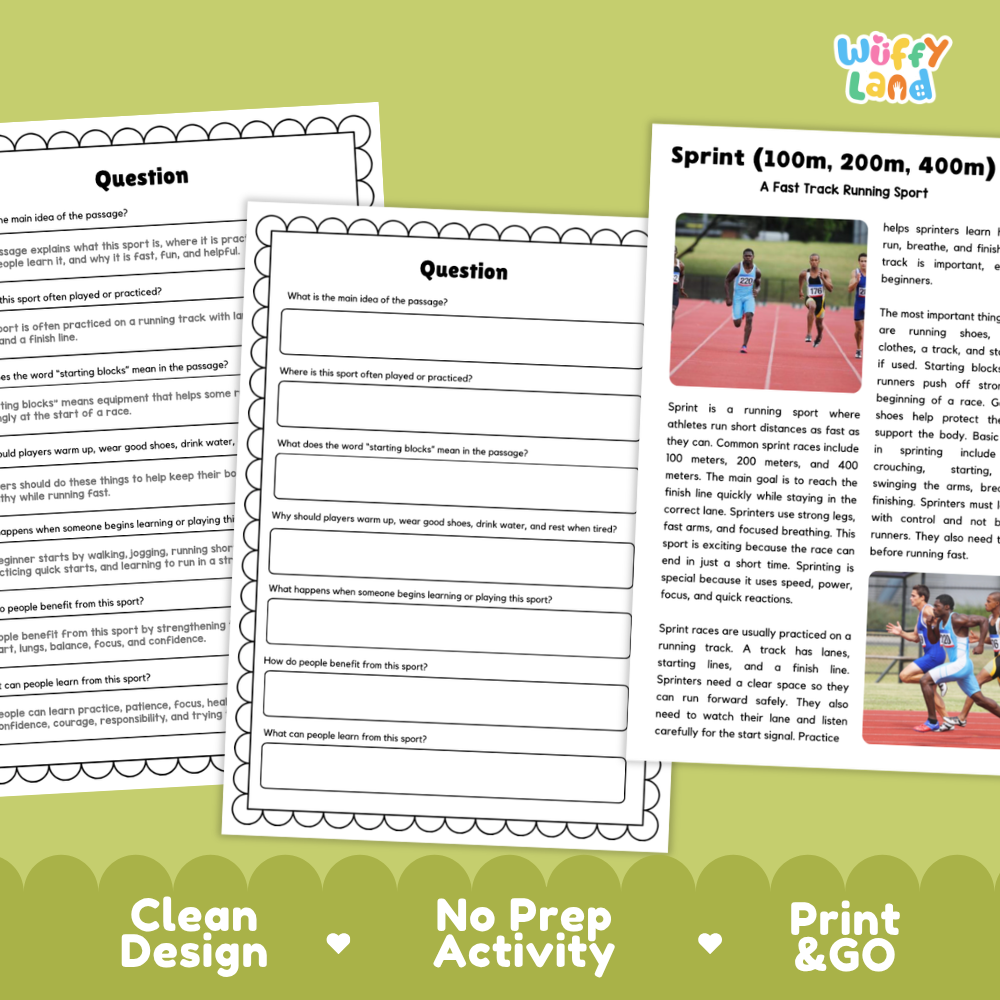 Sprint Sports Reading Passages and Comprehension Questions Worksheets