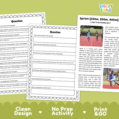 Sprint Sports Reading Passages and Comprehension Questions Worksheets