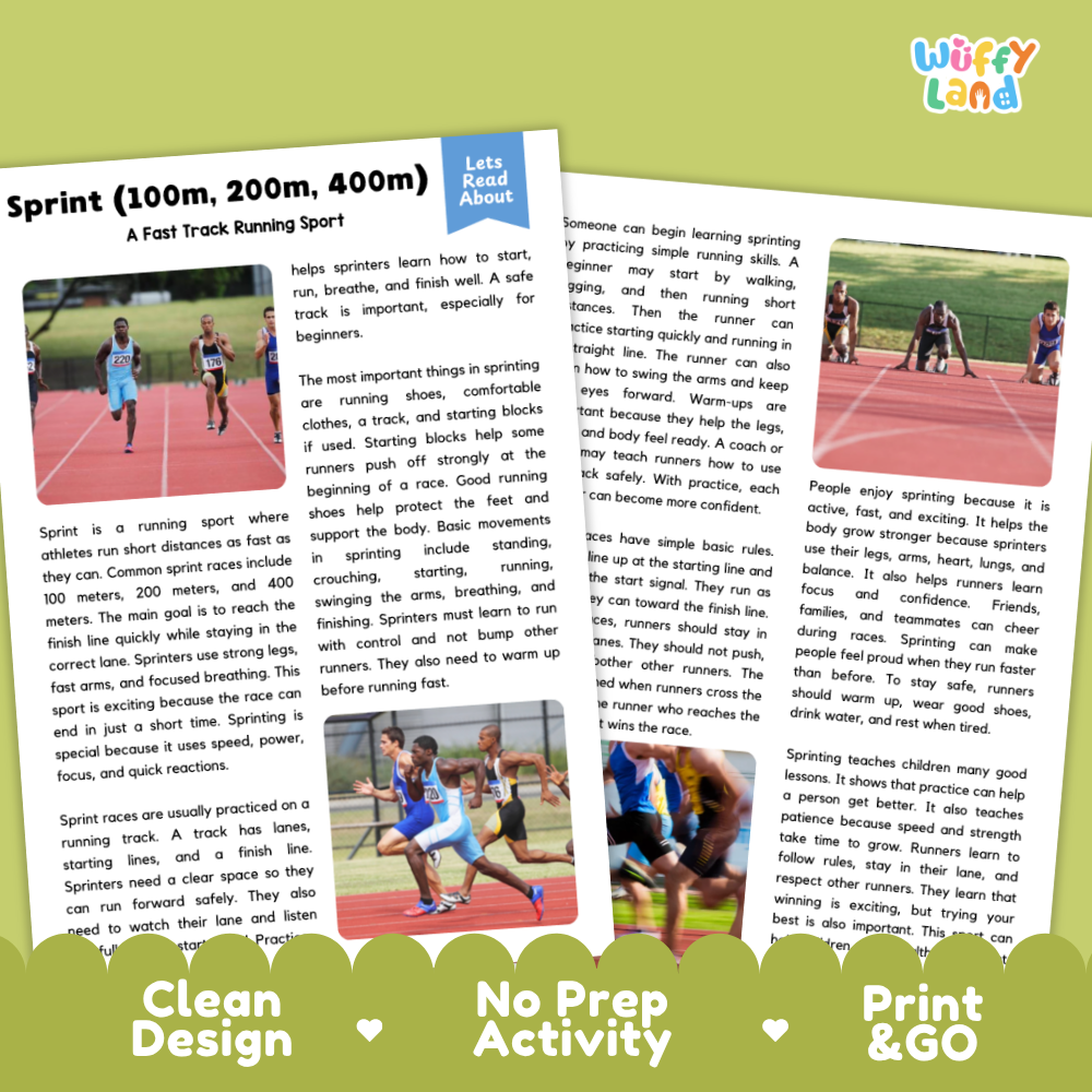 A promotional graphic for a printable or physical activity sheet about sprinting, showing three overlapping white pages with text and small activity photos. The design includes the title 'Sprint (100m, 200m, 400m)' and 'Wuffy Land' at the top, plus marketing callouts such as 'Clean Design,' 'No Prep Activity,' and 'Print & GO.