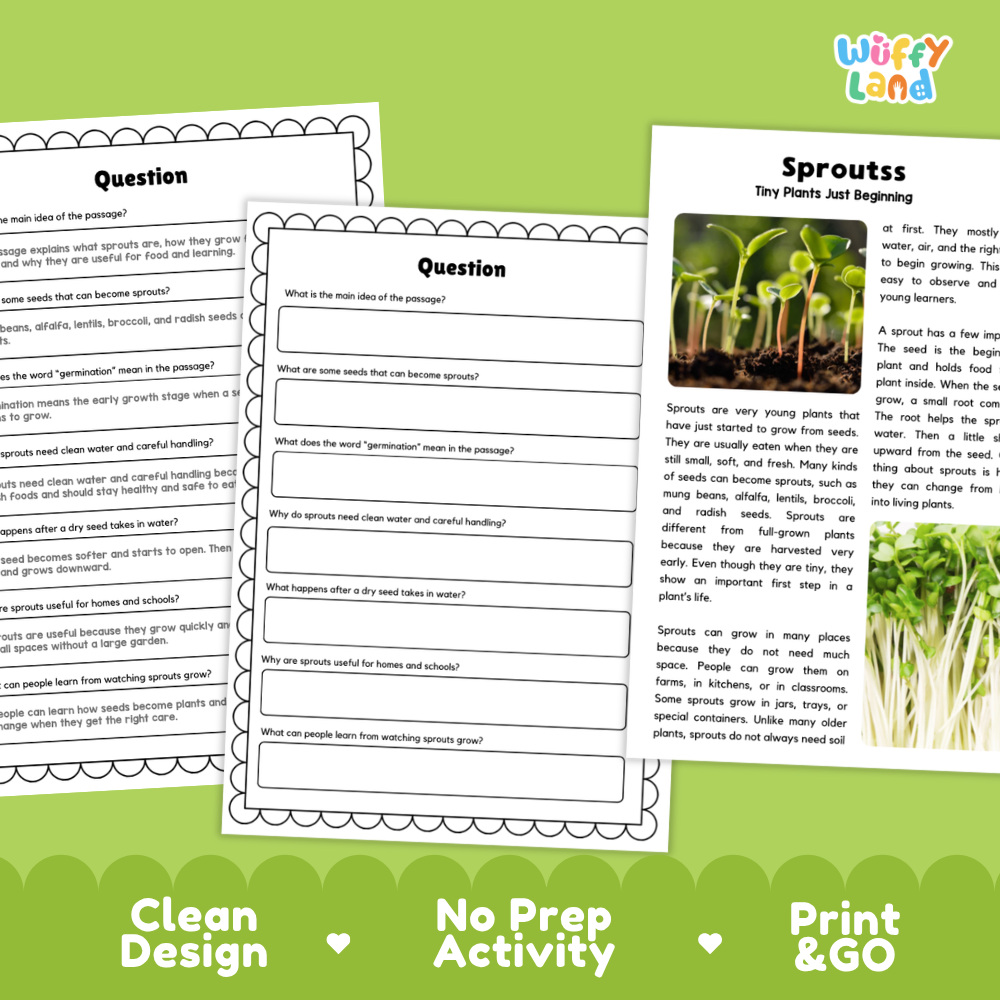 Printable reading passage detailing tiny plants, seed germination, and growing conditions
