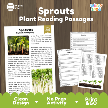 Sprouts plant reading passages cover showing printable reading texts, comprehension worksheets, and photographic visuals
