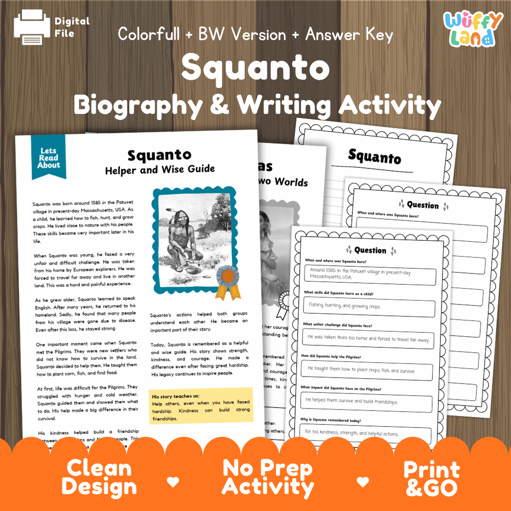 Digital printable activity sheet set for 'Squanto Biography & Writing Activity' by Uffy Land, shown on a wood background with promotional text and an orange banner at the bottom.
