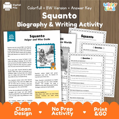 Digital printable activity sheet set for 'Squanto Biography & Writing Activity' by Uffy Land, shown on a wood background with promotional text and an orange banner at the bottom.