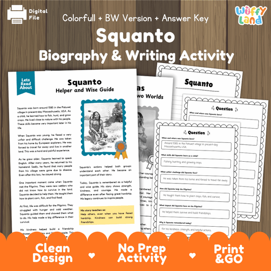 Digital printable activity sheet set for 'Squanto Biography & Writing Activity' by Uffy Land, shown on a wood background with promotional text and an orange banner at the bottom.
